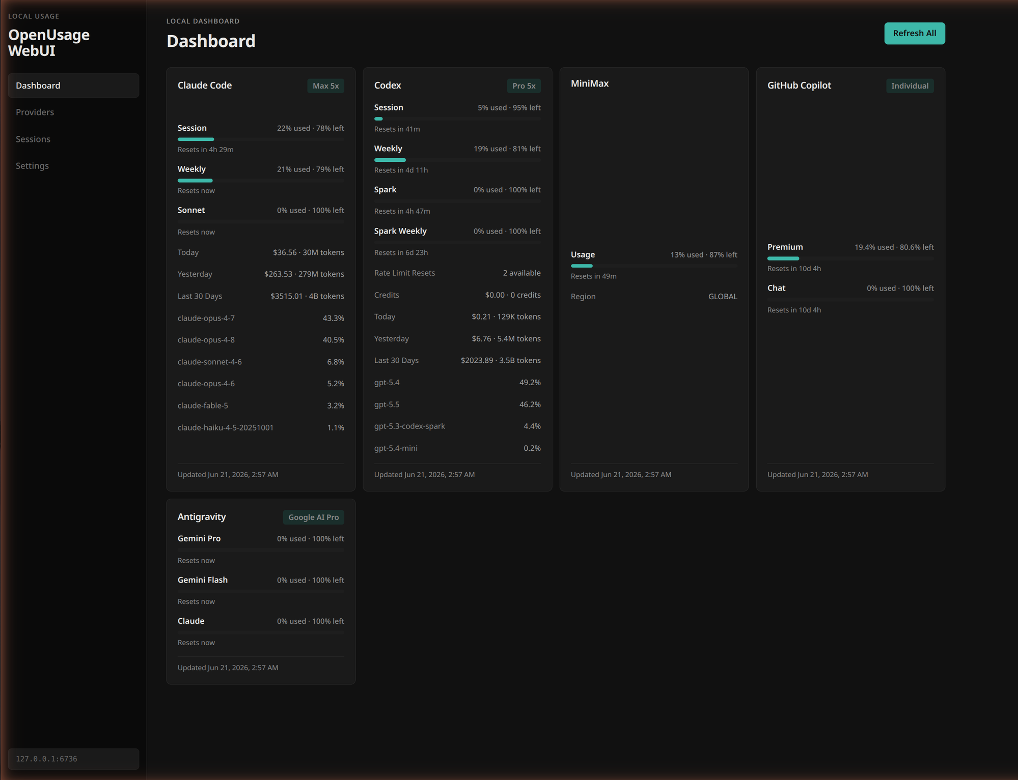 OpenUsage WebUI dashboard
